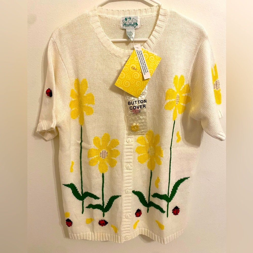 VINTAGE QUACKER FACTORY DAISY & LADYBUGS EMBELLISHED SS CARDIGAN SWEATER